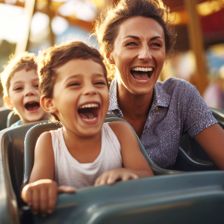 Woman and child enjoy a roller coaster ride.